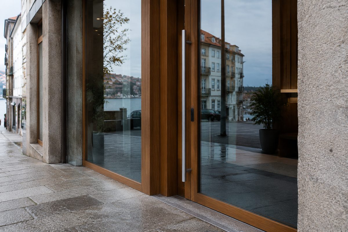 Entrada de prédio com porta larga, puxador vertical e soleira rasa