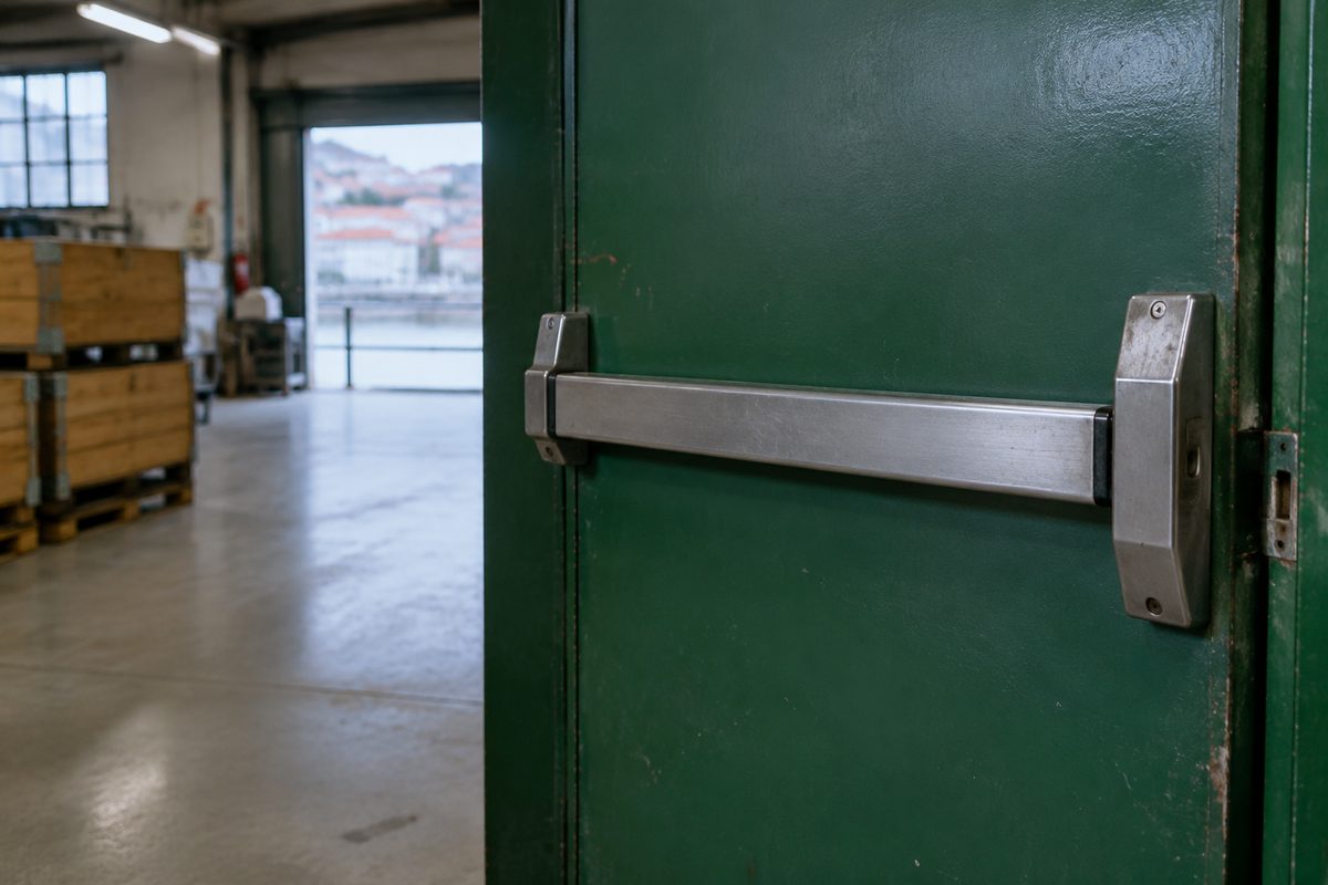 Barra antipânico em aço na porta de saída de uma loja