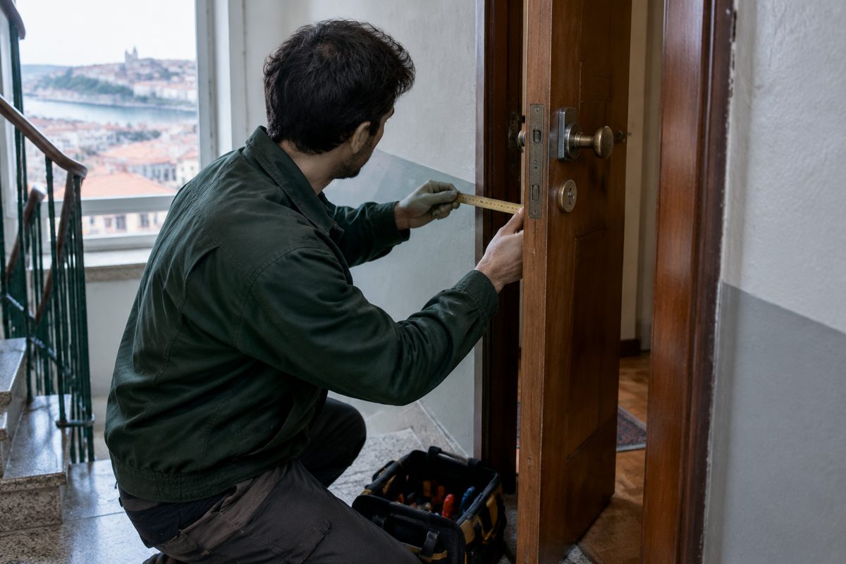 Serralheiro a medir a espessura de uma porta antes de começar o trabalho