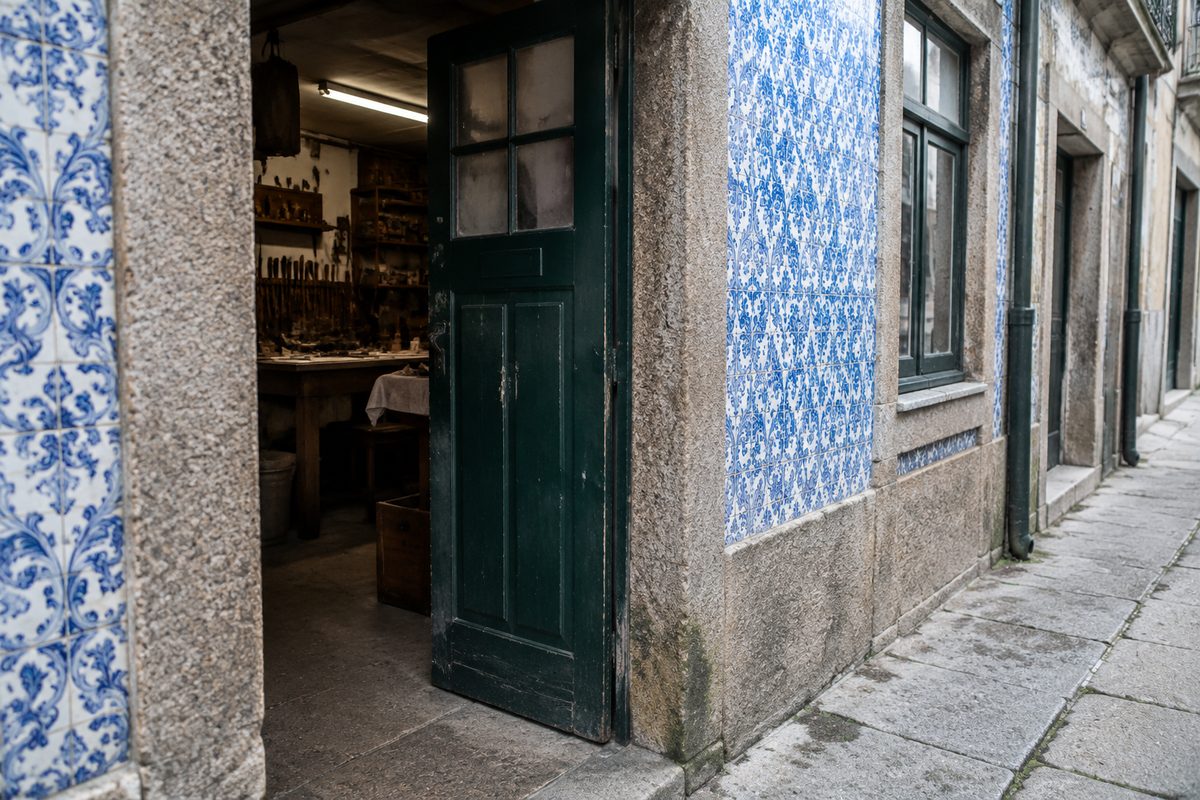 Entrada de oficina numa rua antiga do Porto com porta de madeira verde entreaberta
