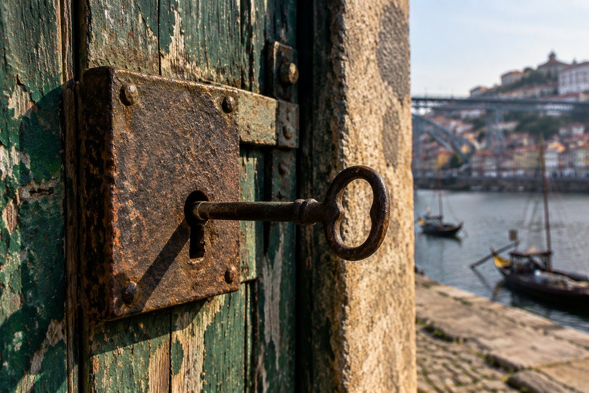 Fechadura antiga de ferro com chave de palhetão numa porta envelhecida