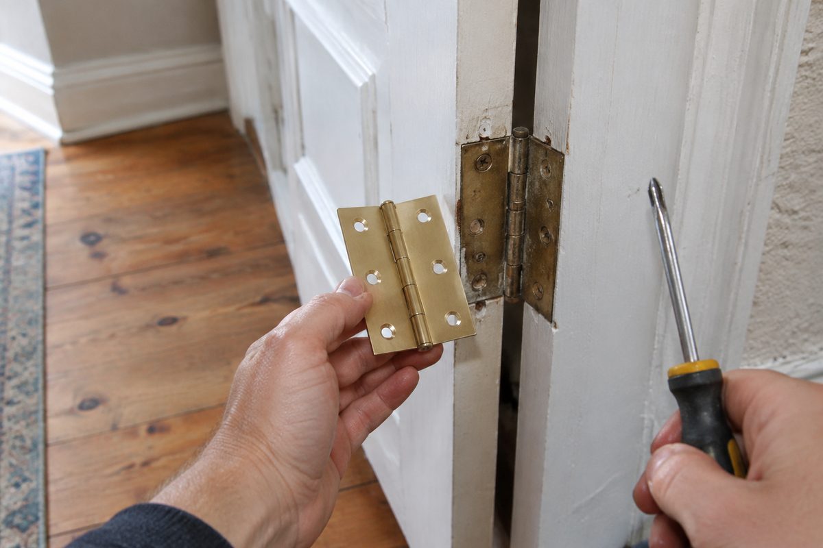 Dobradiça antiga a ser retirada de uma porta interior com a nova ao lado