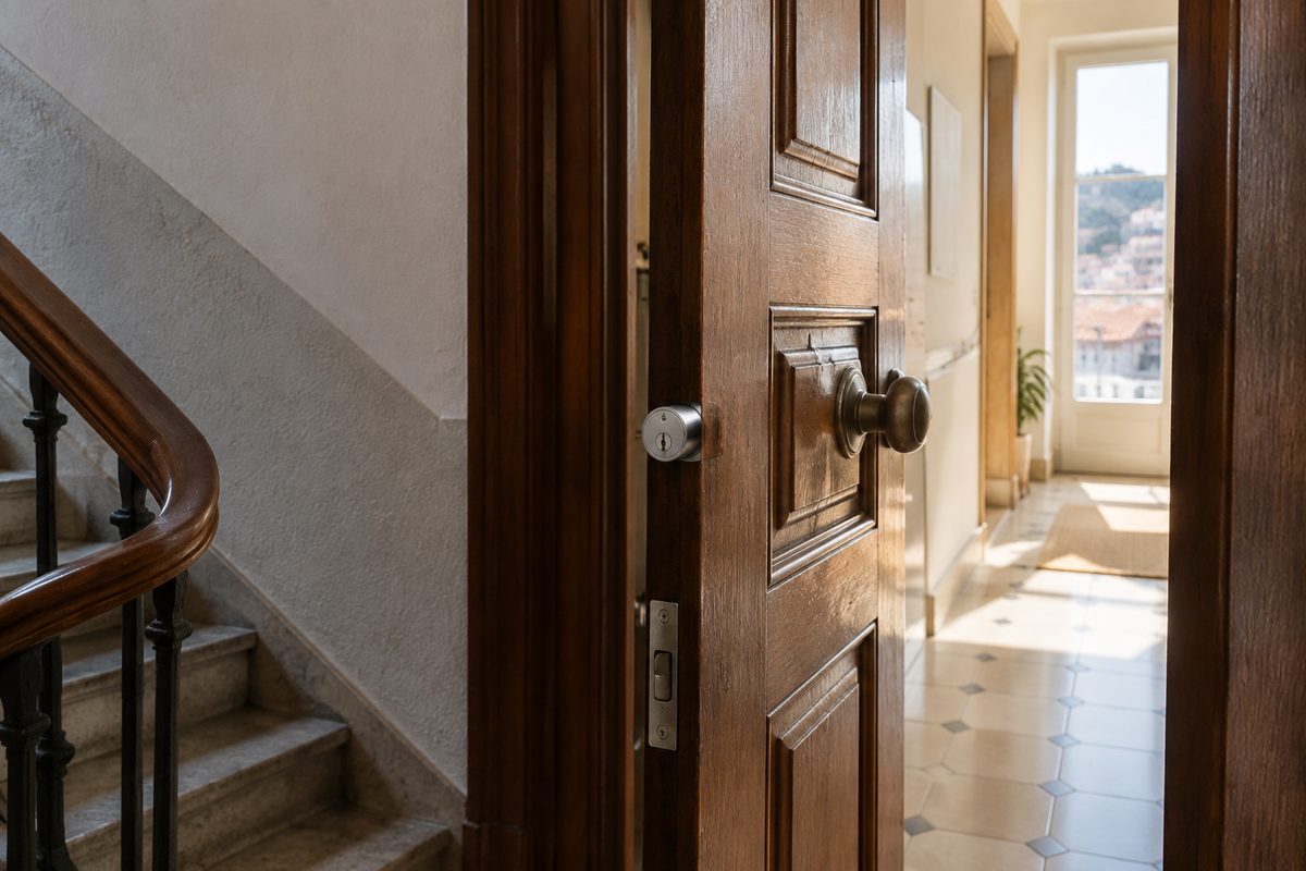 Porta de apartamento aberta para um corredor iluminado