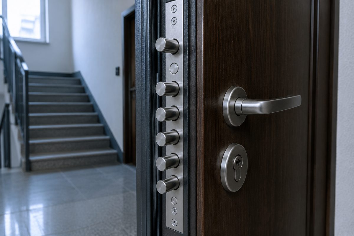 Testa de uma porta blindada aberta com vários trincos de fecho estendidos