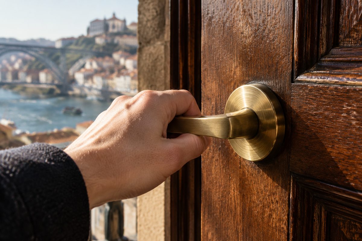 Mão a pressionar um manípulo de latão numa porta de madeira envernizada